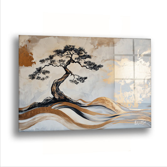Dalgalı Stil cam tablo — Altın renkli kıvrımların üstünde duran bonsai, sadeliğin ne kadar güçlü olabileceğini gösteriyor.
