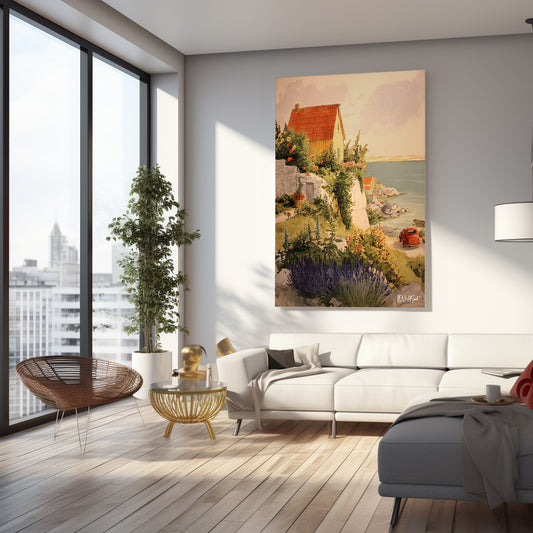 Deniz Kenarı Evi kanvas tablo — iç mekân uygulama örneği