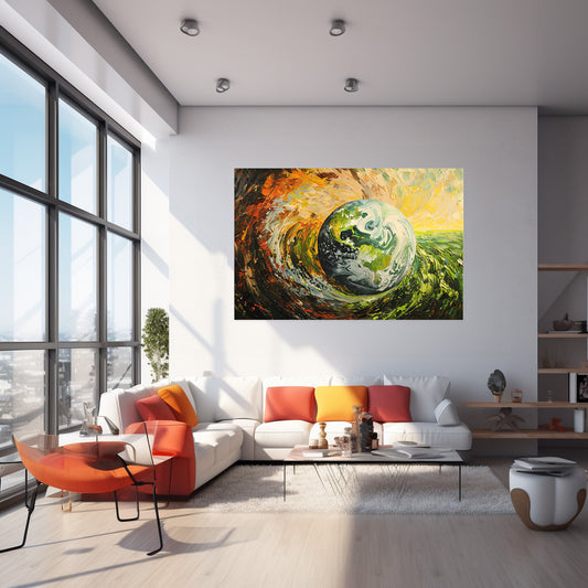 Dünya Girdabı kanvas tablo — iç mekân uygulama örneği