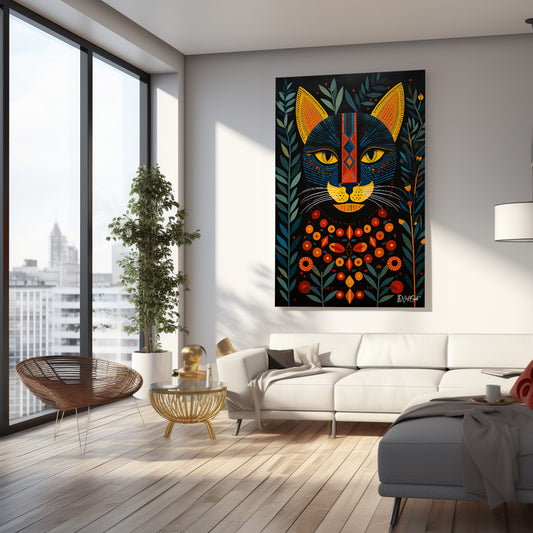 Etnik Kara Kedi kanvas tablo — iç mekân uygulama örneği