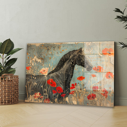 Gelincikli Siyah At cam tablo — iç mekân uygulama örneği