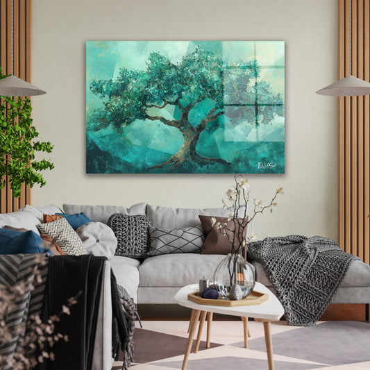 Geometrik Ağaç cam tablo — duvarda dekorasyon görünümü