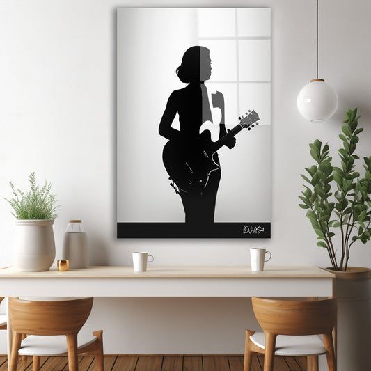 Gitarist Silueti cam tablo — iç mekân uygulama örneği
