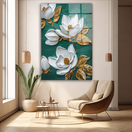 Gold Magnolia Çiçeği cam tablo — duvarda dekorasyon görünümü