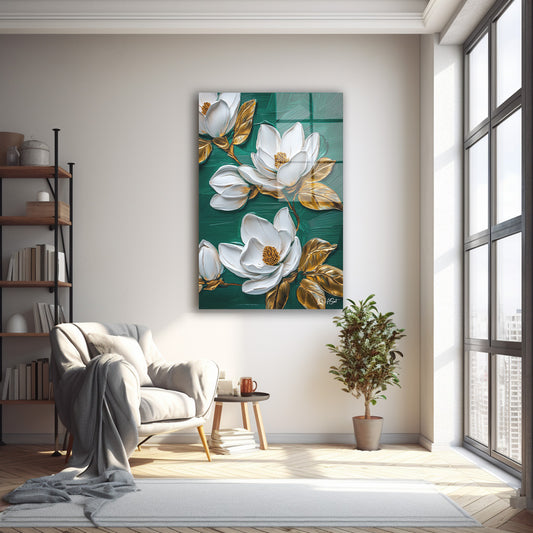 Gold Magnolia Çiçeği cam tablo — farklı açıdan görünüm