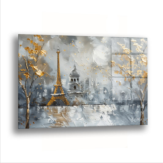 Gri Altın Paris cam tablo — Altın yapraklı dalların arasından Eyfel, kış sabahına uyanıyor.