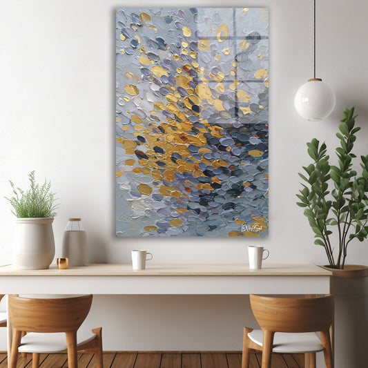 Gri Altın Yaprak Akışı cam tablo — iç mekân uygulama örneği