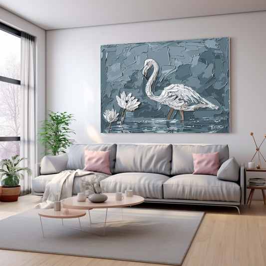 Gri Fonda Beyaz Flamingo kanvas tablo — duvarda dekorasyon görünümü