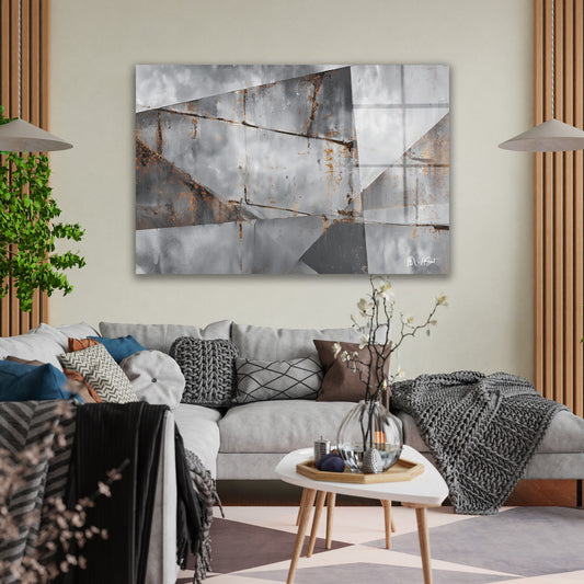 Gri Geometrik Katmanlar 2 cam tablo — duvarda dekorasyon görünümü