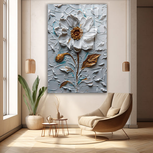 Gri Kabartma Papatya cam tablo — duvarda dekorasyon görünümü