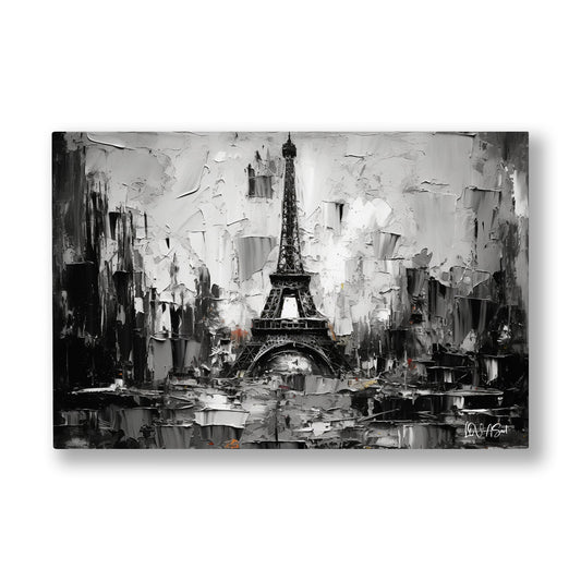 Gri Paris Sokakları kanvas tablo — Siyah beyaz Paris siluetinde spatula darbeleriyle yükselen Eyfel Kulesi.