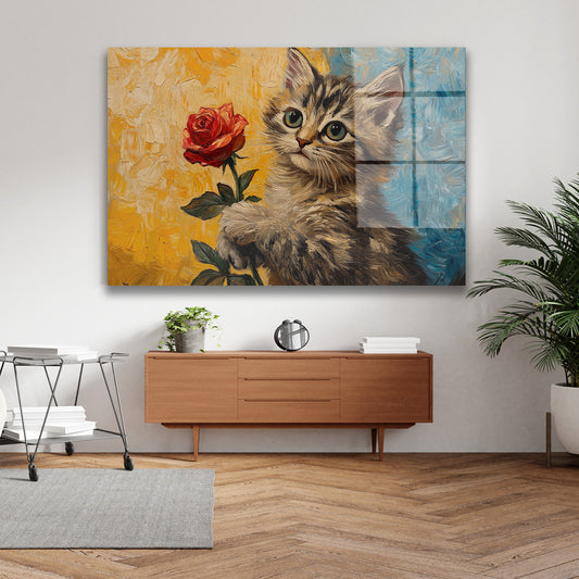 Gül Tutan Kedi cam tablo — iç mekân uygulama örneği