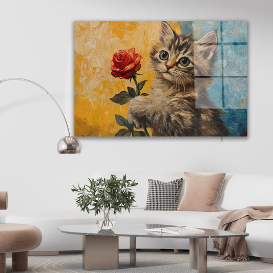Gül Tutan Kedi cam tablo — farklı açıdan görünüm