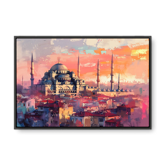 Gün Batımında Camiler - Kalın Metal Çerçeveli Kanvas Tablo
