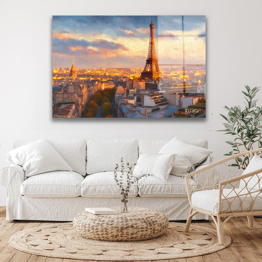 Gün Batımında Paris cam tablo — duvarda dekorasyon görünümü