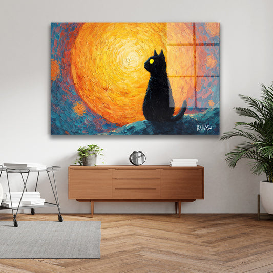 Güneşe Bakan Kedi cam tablo — iç mekân uygulama örneği
