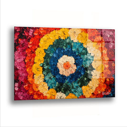 İçe Doğru cam tablo — Renkli çiçek halkaları, merkezdeki turuncu çekirdeğe kadar daralarak iniyor.