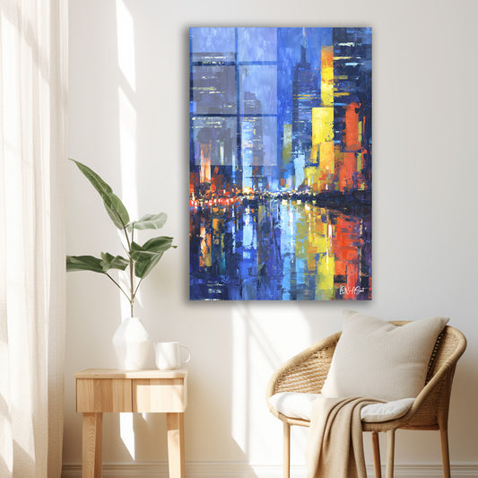 Işıklı Gökdelenler cam tablo — duvarda dekorasyon görünümü