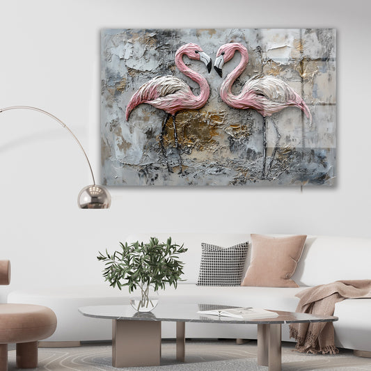 Kabartma Flamingo İkilisi cam tablo — duvarda dekorasyon görünümü