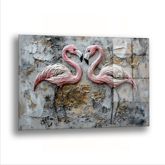 Kabartma Flamingo İkilisi cam tablo — İki flamingo boyunlarını eğip aralarında bir kalp boşluğu bırakıyor.