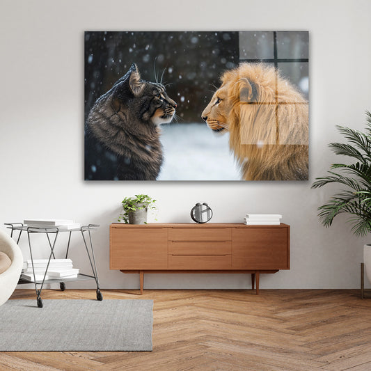 Karda Kedi ve Aslan cam tablo — farklı açıdan görünüm