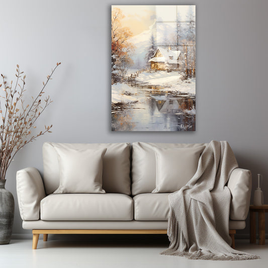 Karlı Köy Evi cam tablo — iç mekân uygulama örneği
