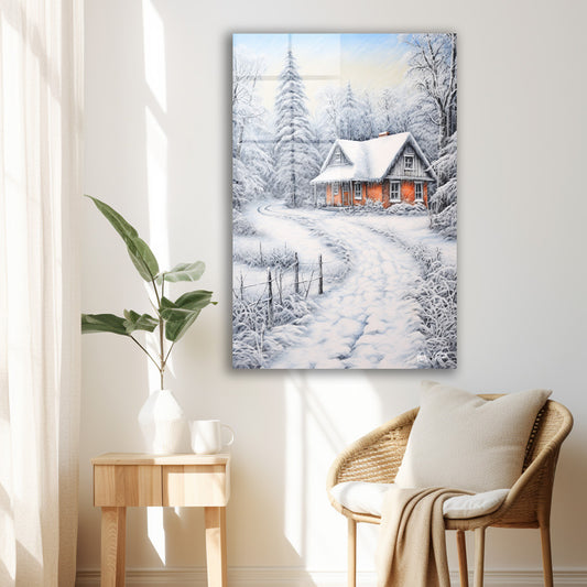 Karlı Orman Evi 3 cam tablo — duvarda dekorasyon görünümü