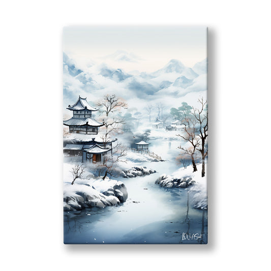 Karlı Pagoda Manzarası kanvas tablo — Sisli dağların eteğinde karlı dereye bakan geleneksel pagoda çatısı.