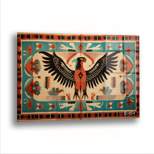 Kartal Desenli Kilim cam tablo — Kilim deseninden çıkmış bir kartal, kanatlarını geometrinin içinde açıyor.