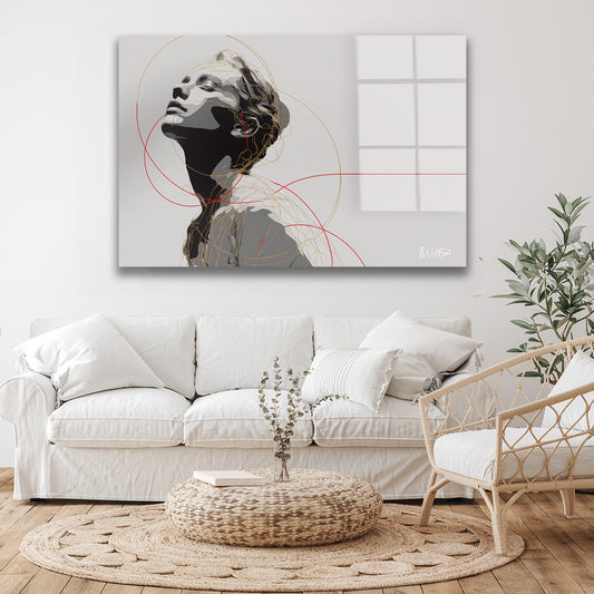 Kırmızı Çizgili Portre cam tablo — duvarda dekorasyon görünümü