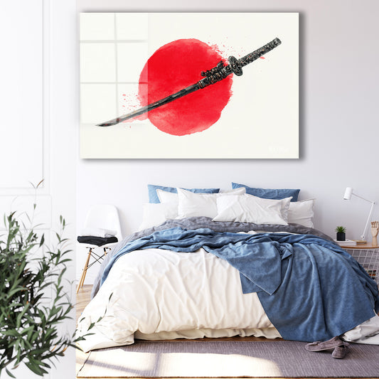 Kırmızı Güneş ve Katana cam tablo — iç mekân uygulama örneği