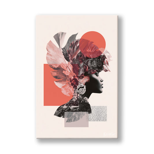 Kırmızı Kolaj Silüet kanvas tablo — Toz pembe bir zeminde yapraklar ve dairelerden kurulmuş kadın profili.