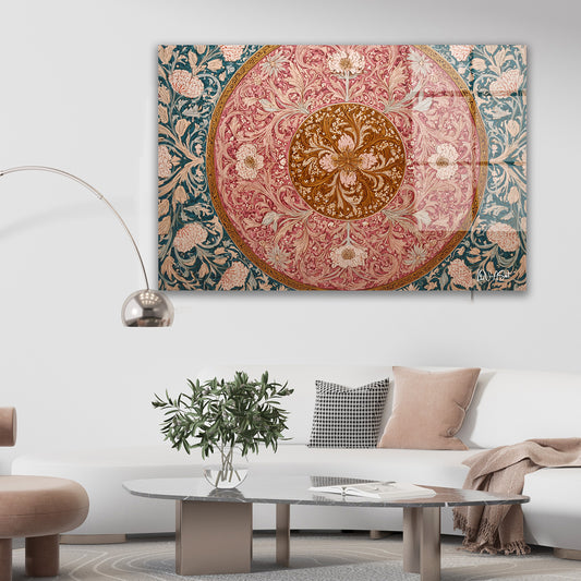 Kırmızı Madalyon Deseni cam tablo — duvarda dekorasyon görünümü