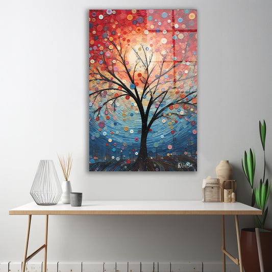 Kırmızı Mavi Yaşam Ağacı cam tablo — iç mekân uygulama örneği