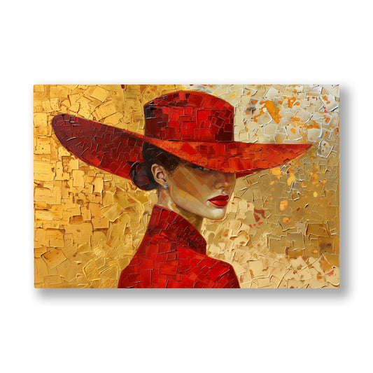 Kırmızı Şapkalı Kadın 5 kanvas tablo — Altın mozaik bir duvarın önünde geniş kırmızı şapkalı kadın.