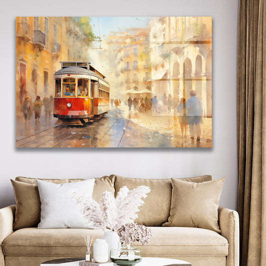 Kırmızı Tramvay 2 cam tablo — duvarda dekorasyon görünümü