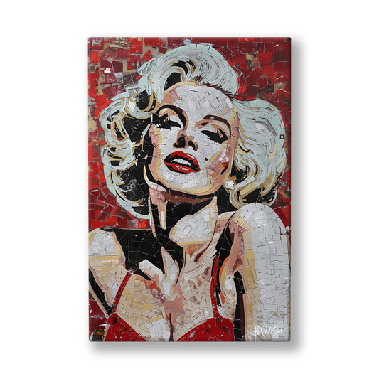 Kırmızı Zeminde Marilyn kanvas tablo — Kırmızı mozaik bir zeminde gülümseyen platin saçlı ikonik yüz.