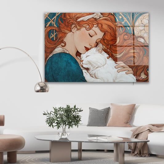 Kızıl Saçlı Kız ve Kedi cam tablo — duvarda dekorasyon görünümü