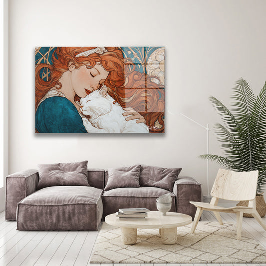Kızıl Saçlı Kız ve Kedi cam tablo — farklı açıdan görünüm
