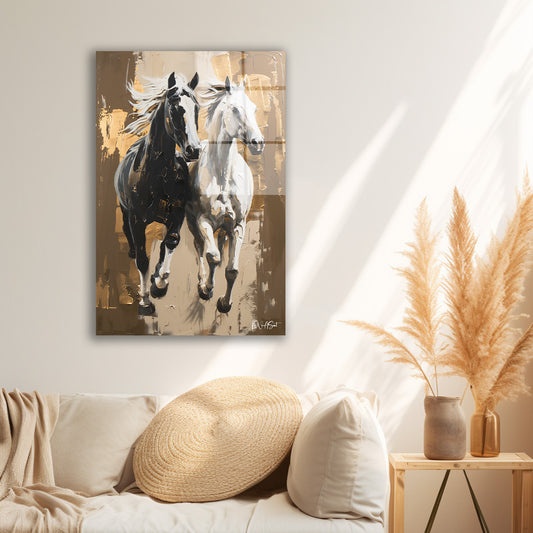 Koşan Atlar 10 cam tablo — duvarda dekorasyon görünümü