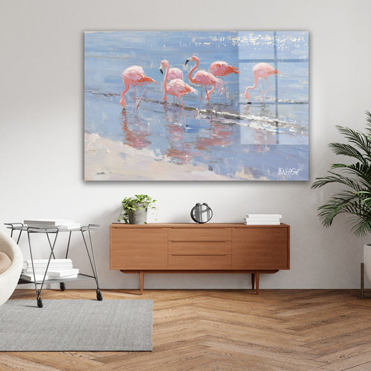 Kumsalda Flamingo Sırası cam tablo — iç mekân uygulama örneği