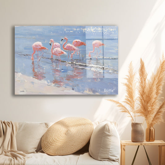 Kumsalda Flamingo Sırası cam tablo — farklı açıdan görünüm