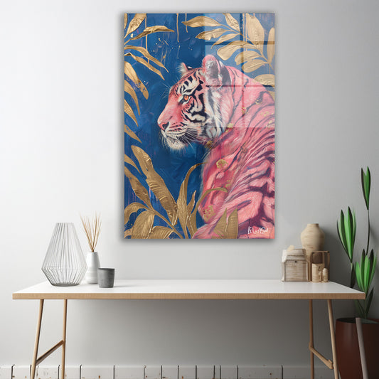 Lacivert Altın Kaplan cam tablo — iç mekân uygulama örneği