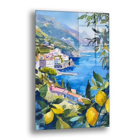 Limon Dalları ve Koy cam tablo — limon Dalları ve Köy Cam Tablo, limon dolu yaprakların arasından bir sahil köyünü, deniz kıv