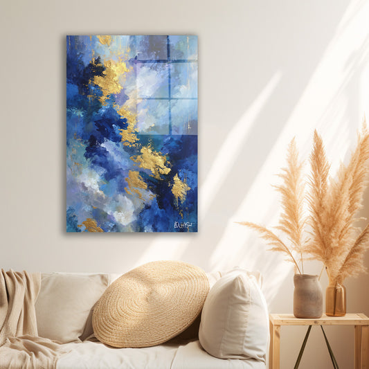 Mavi Altın Bulutlar 3 cam tablo — duvarda dekorasyon görünümü