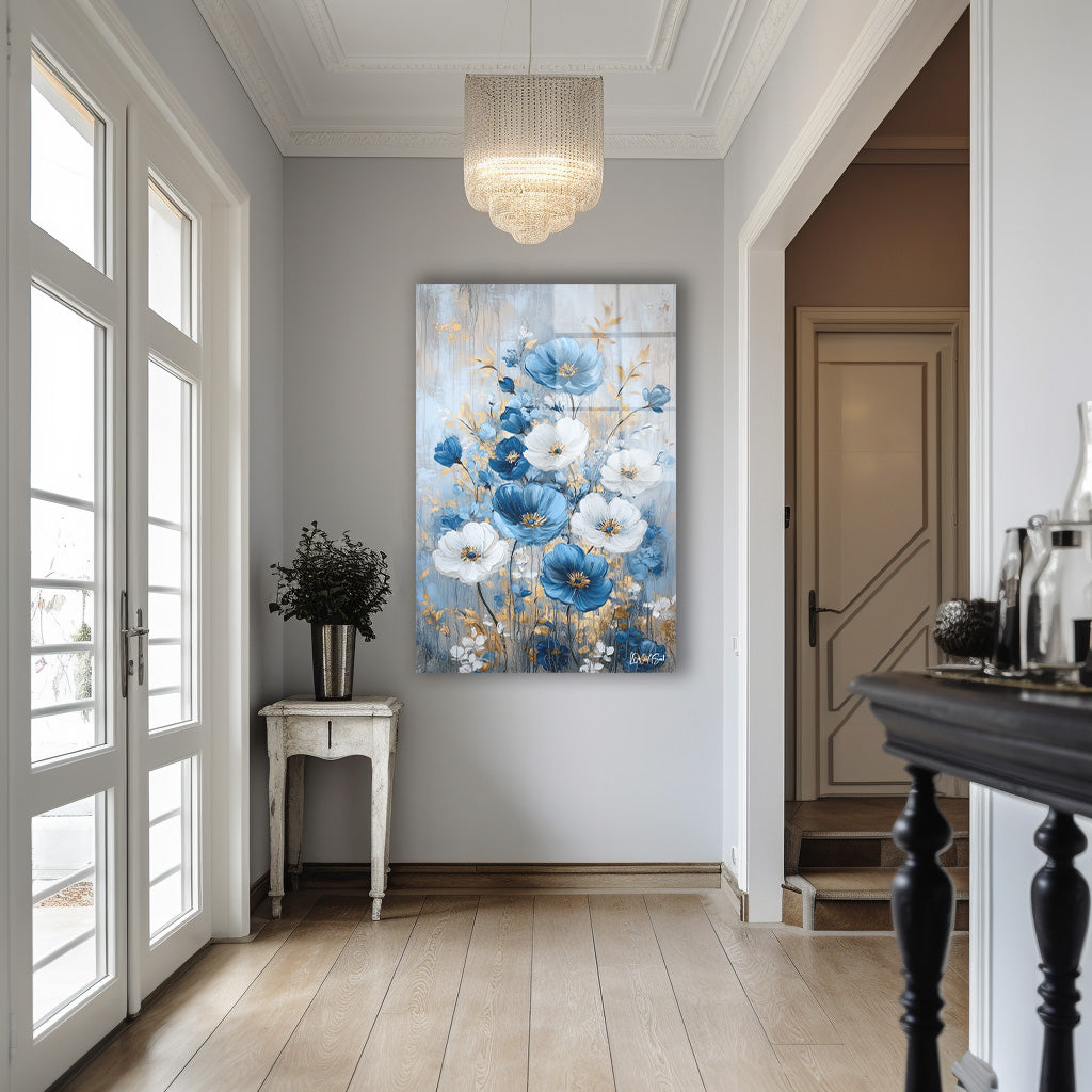 Mavi Beyaz Buket - Cam Tablo