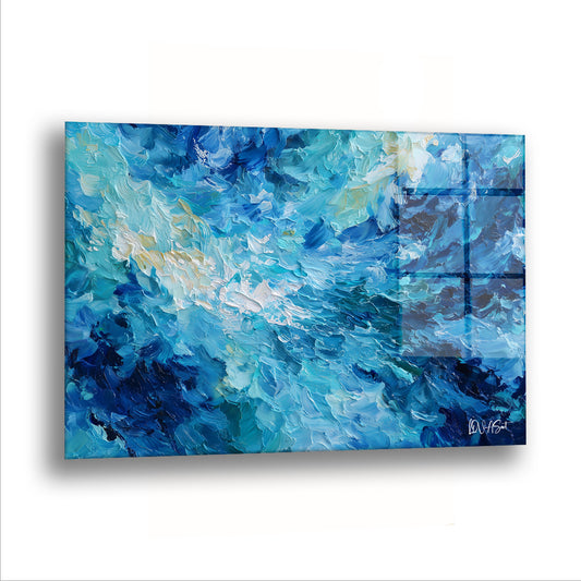 Mavi Dalga Girdabı 3 cam tablo — Denizin yüzeyi gibi kaynayan mavi lekeler her yöne dağılmış.