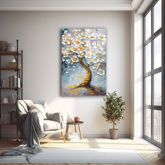 Mavi Fonda Beyaz Çiçekli Ağaç cam tablo — farklı açıdan görünüm