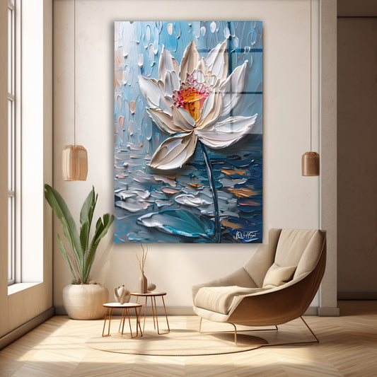 Mavi Fonda Beyaz Lotus cam tablo — farklı açıdan görünüm