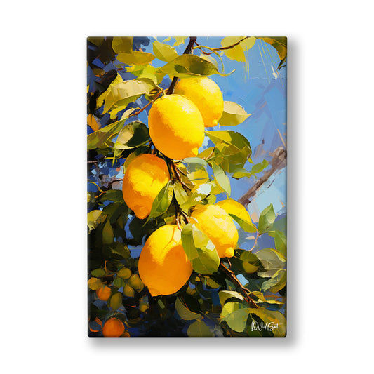 Mavi Gökte Limonlar kanvas tablo — Sarı limonlar mavi göğün altında dallarında ağır ağır sallanıyor.